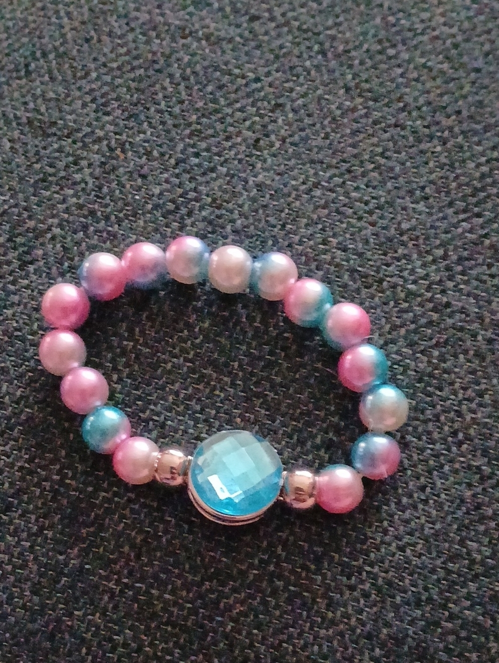 Pink & Blue Beaded Stretch Bracelet with Faceted Center